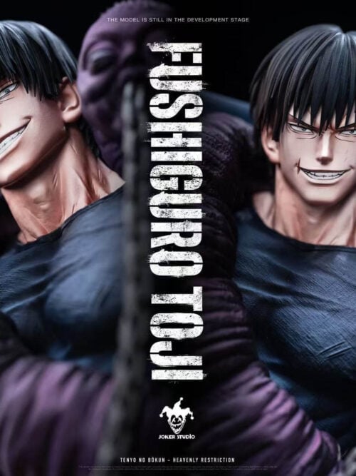 Side-by-side comparison of Toji Fushiguro's two interchangeable head sculpts, showing a raised-chin grin and a narrowed forward gaze.