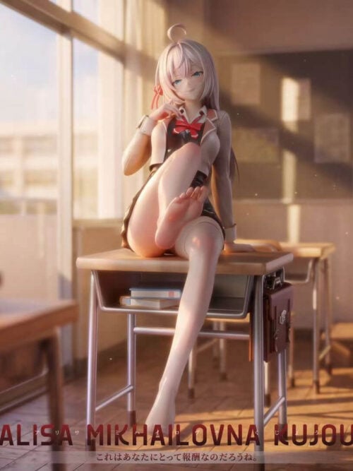 Alya seated on a school desk in a sunlit classroom scene, with silver hair, a red bow and one hand near her chin.