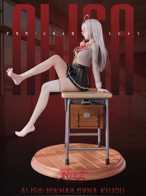 Side view of Alya facing left on a school desk, showing her long silver hair, the brown school bag and the round base.