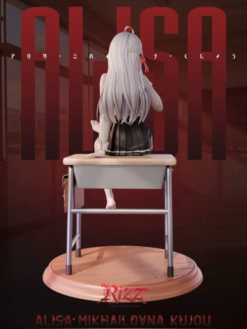 Rear view of Alya seated on a school desk, showing layered silver hair, a dark pleated skirt and the desk on a round base.