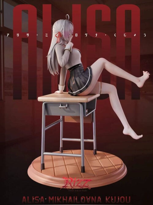 Side view of Alya facing right on a school desk, with a red hair ribbon, one hand near her chin and a round floorboard-patterned base.