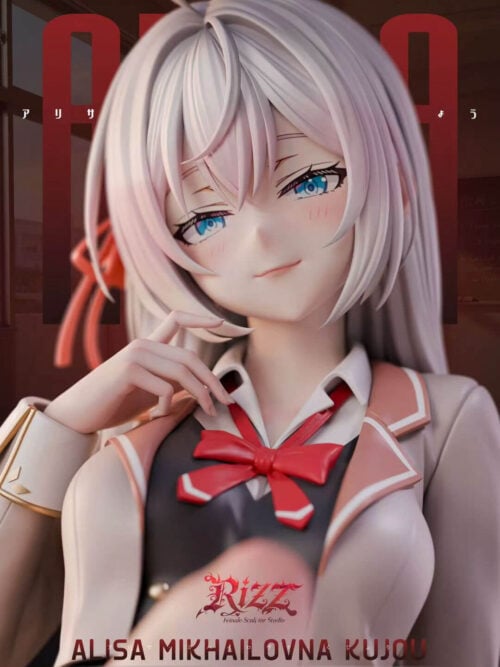 Close-up of Alya's face with blue eyes, silver bangs, a slight smile and fingers resting near her chin.