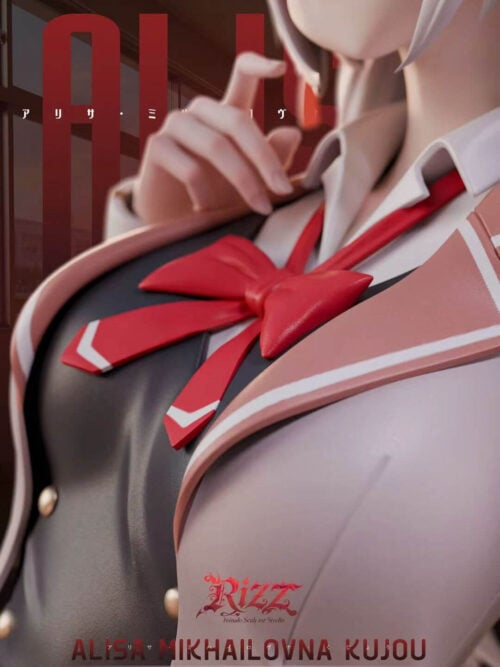 Close-up of Alya's red bow, white collar, dark vest and pale jacket with pink lapels and white trim.