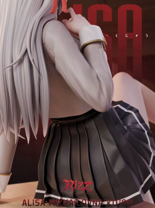 Rear-side close-up showing Alya's long silver hair, jacket sleeve, gold-trimmed cuff and dark pleated skirt.
