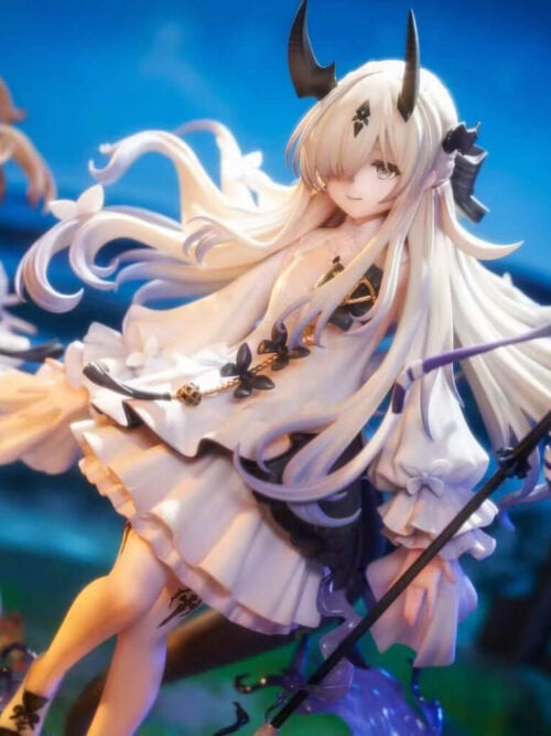 Close-up of childhood Eblana with horns, flowing pale hair, a white ruffled dress and violet polearm effects, with Reed behind her.