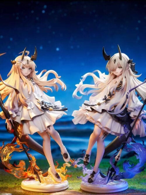 Childhood Reed and Eblana in white dresses with tall polearms, amber and violet flame effects, and separate round bases.