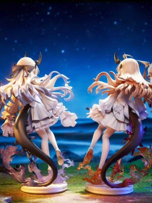 Rear view of childhood Eblana on the left and Reed on the right, showing flowing hair, curved tails, polearms and flame bases.