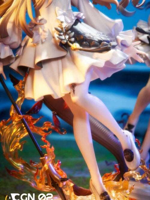 Detail of childhood Reed's layered white dress, dark waist ornament, shoes, curved tail and amber flames around the polearm.