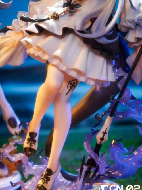 Detail of childhood Eblana's white ruffled skirt, black floral ornaments, patterned shoes and violet flames curling around her polearm.