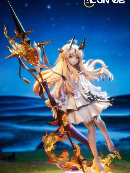 Full view of childhood Reed with horns, flowing golden hair, a layered white dress and a tall polearm surrounded by amber flames.
