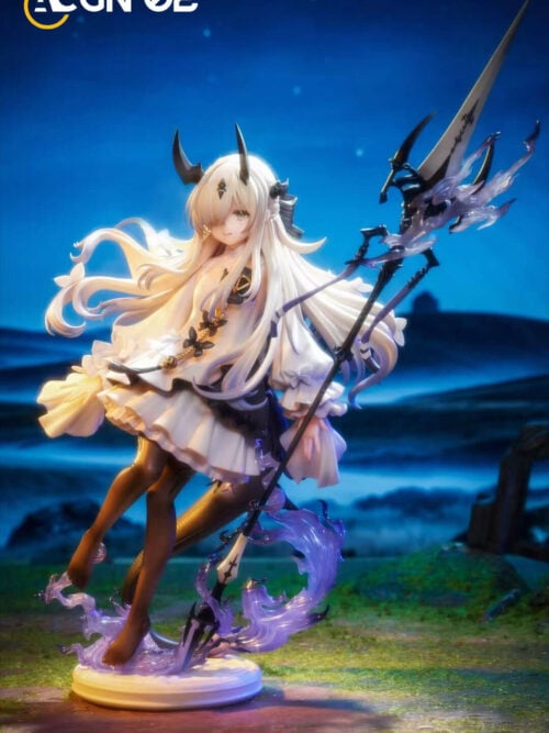 Full view of childhood Eblana with horns, long pale hair, a white dress and a tall polearm with violet flames above a round base.