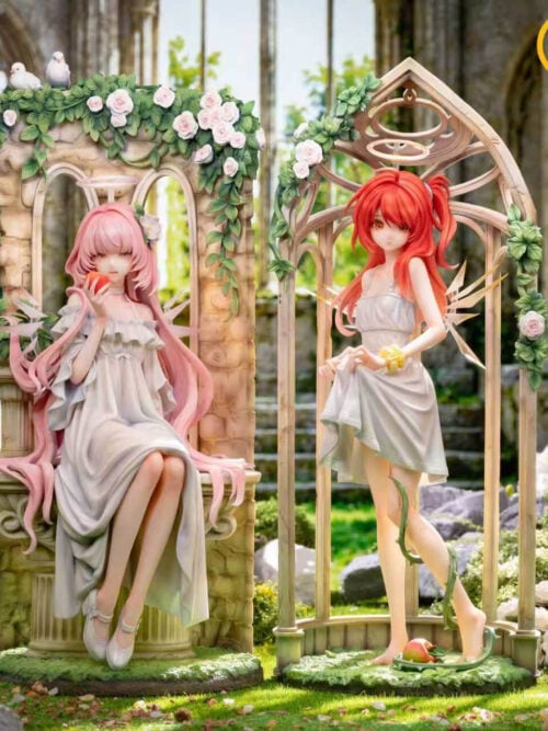 Lemuen seated with an apple and Exusiai standing barefoot in white dresses, each on a separate garden base beneath rose-covered arches.