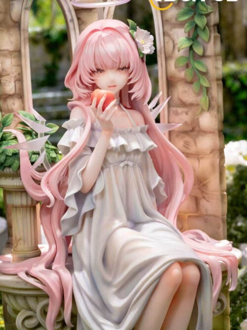 Close-up of Lemuen holding an apple near her lips, with long pink hair, a pale halo and a ruffled white dress against a stone-look window.