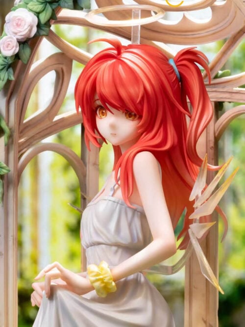 Close-up of red-haired Exusiai gathering her white skirt beneath a pale halo, with angular wing forms and a rose-covered open arch behind her.