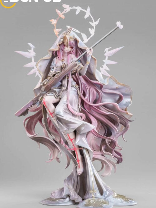 Full view of Lemuen holding a long scoped rifle, with a white hood, flowing pink hair, a ring of bird-shaped forms and a gold-accented base.