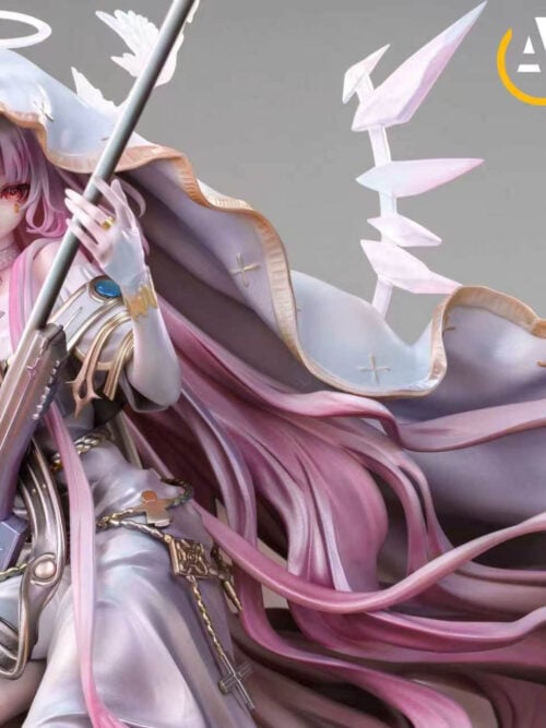 Close-up of Lemuen's gold-trimmed white hood, scoped rifle and flowing pink hair, with pale angular forms behind her shoulders.