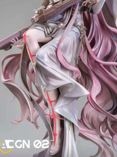 Detail of Lemuen's raised knee, layered white drapery, pink hair and red cross-shaped accents along the legs.
