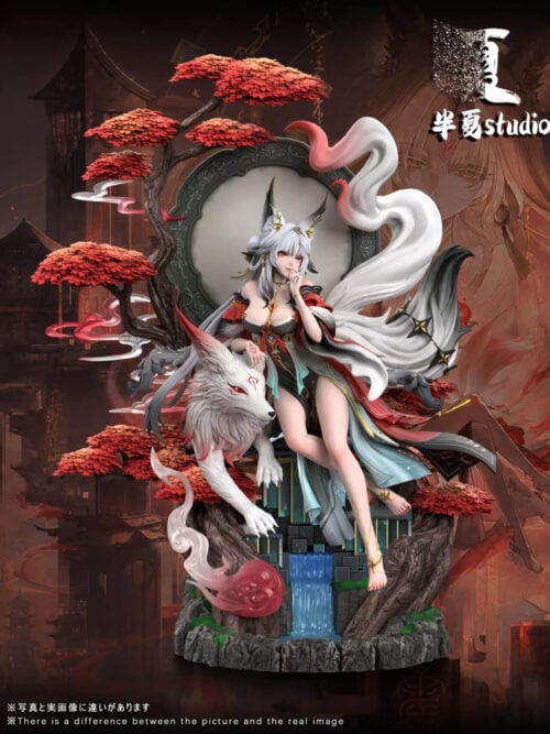 Hsin seated beside a white fox, framed by red-leaved trees, a circular backdrop and curling effects above a waterfall base.