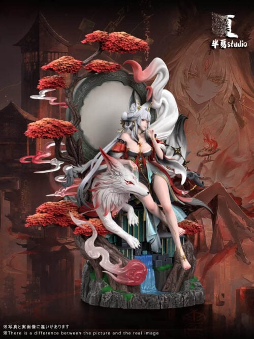 Three-quarter view of Hsin resting one hand on a white fox, with red foliage, pink-and-white effects and a waterfall below.