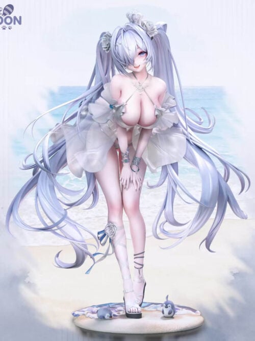 Full front view of Cinderella in a white swimsuit, with flowing silver twin tails and two small creatures on a beach base.