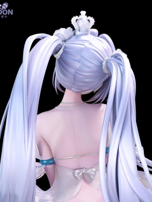 Rear close-up of Cinderella showing her small crown, twin-tail hair arrangement and the bow across her back.