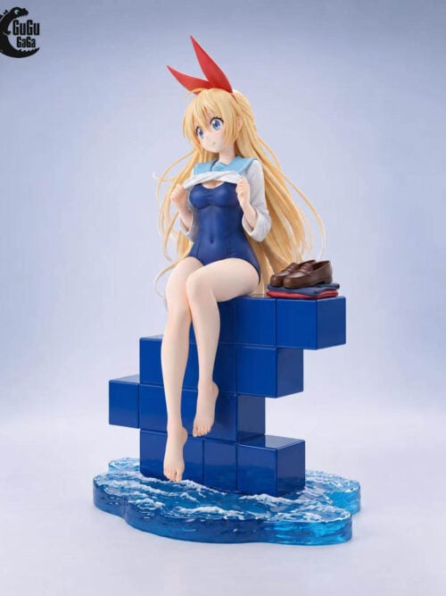 Three-quarter view of Chitoge Kirisaki seated on blue tiled steps, with a red hair ribbon, brown loafers and a sculpted water base.