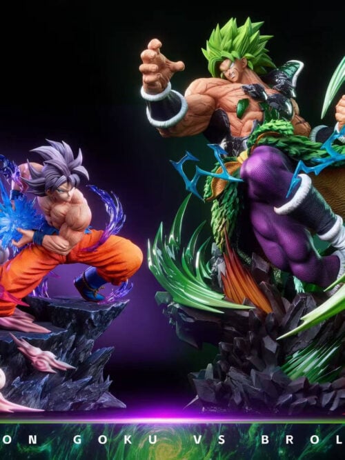 Silver-haired Son Goku with blue-purple energy beside green-haired Broly with sweeping green effects, each on a rocky base.