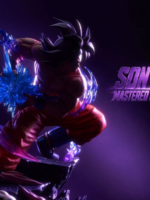 Son Goku in a crouching battle pose under purple lighting, with blue energy effects and Mastered Ultra Instinct text.
