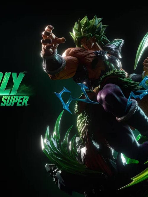 Green-haired Broly reaching forward with one knee raised, framed by green energy effects under dramatic lighting.