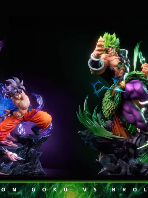 Son Goku and green-haired Broly shown together from an alternate angle, with contrasting energy effects and separate rocky bases.
