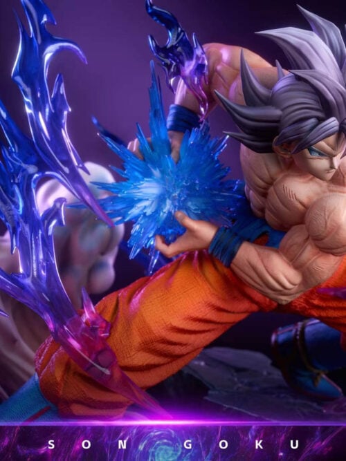 Close-up of silver-haired Son Goku holding a blue energy burst, surrounded by blue-purple effects and curling smoke.