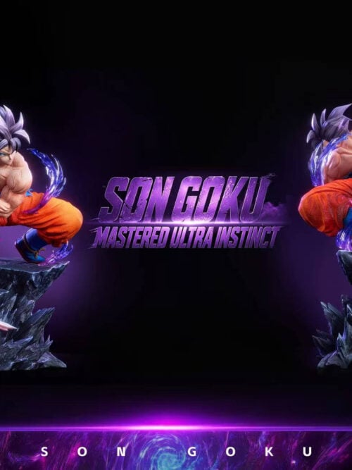 Front and rear views of the same Son Goku statue, showing orange trousers, blue-purple energy, smoke and a fractured rock base.