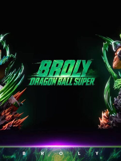 Front and rear views of green-haired Broly, showing purple trousers, a green waist pelt and sweeping effects around a rocky base.