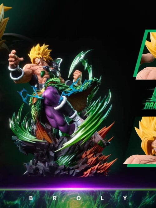 Broly statue collage showing the golden-haired shouting head sculpt, green energy effects and a broken-rock base.