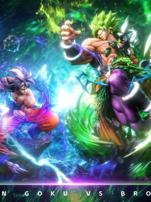 Promotional composite of Son Goku and Broly statues surrounded by added blue and green lightning graphics.