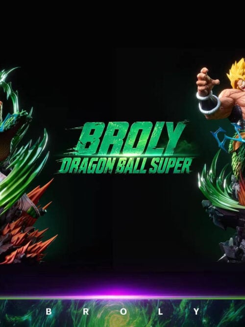 Side-by-side comparison of one Broly statue design with green-haired, teeth-bared and golden-haired, shouting head sculpts.