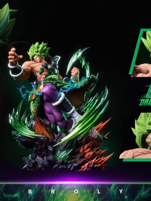 Broly statue collage with a full raised-knee pose and close-ups of the green-haired, teeth-bared head sculpt.
