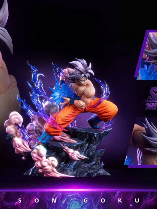 Son Goku statue collage showing the full crouching pose with blue energy and close-ups of the silver-haired portrait.