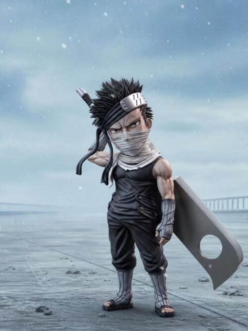 Stylized Zabuza Momochi figure with a bandaged face and broad sword behind his shoulder, shown against a misty bridge backdrop.