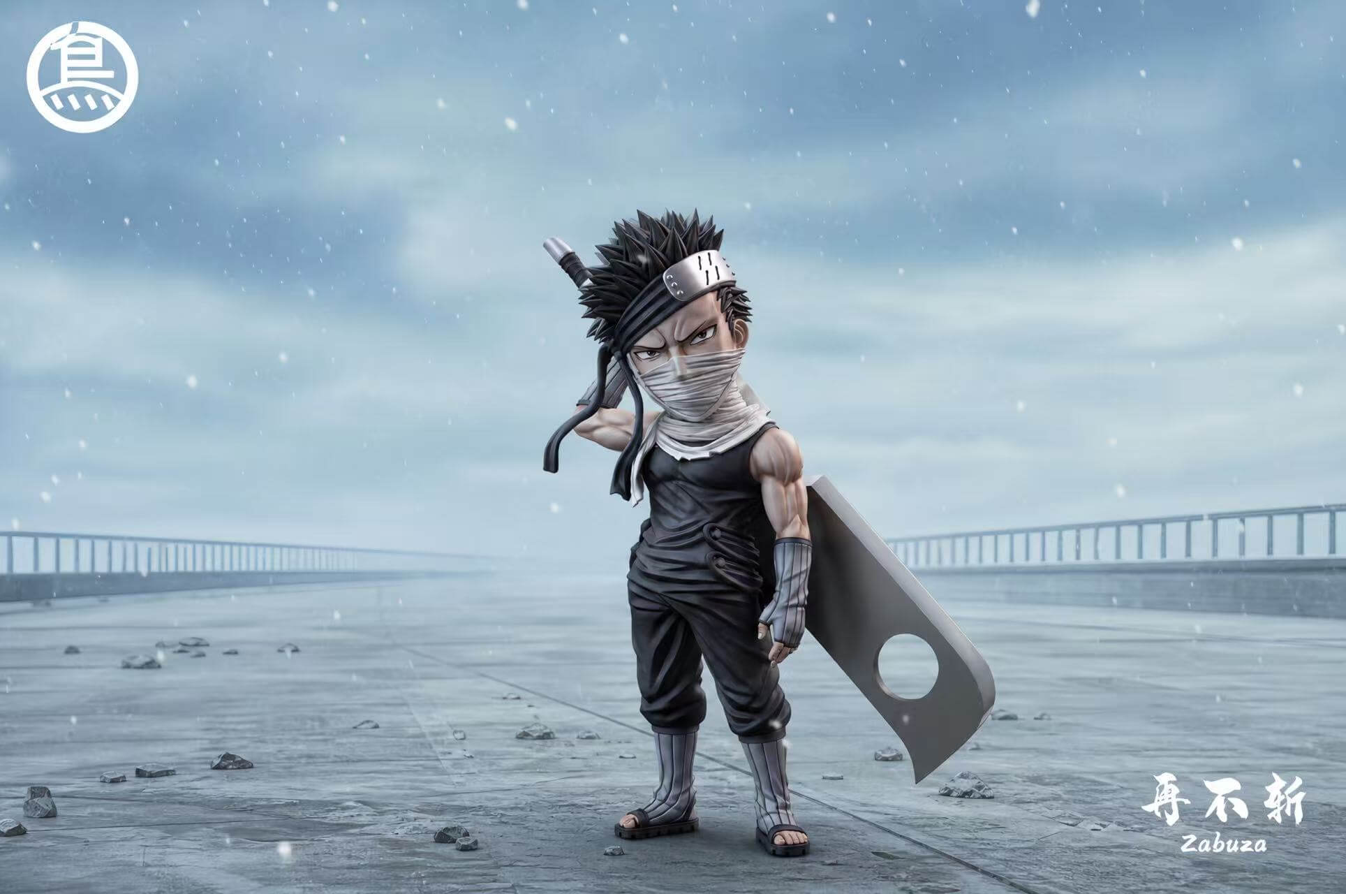 Zabuza Momochi with Large Sword - Bridge Background Stylized Zabuza Momochi figure with a bandaged face and broad sword behind his shoulder, shown against a misty bridge backdrop.
