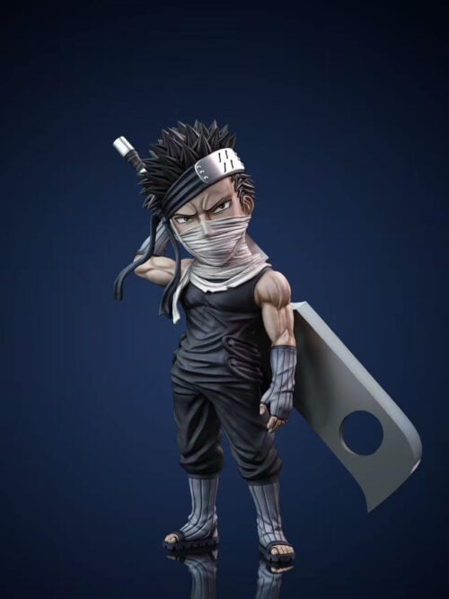 Full view of stylized Zabuza Momochi in a sleeveless black outfit, with face bandages and a large cutout blade against a dark blue background.