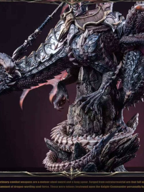Side detail of the dragon's horned head, layered neck armor and claws gripping rock, with its tail wrapped around the base.