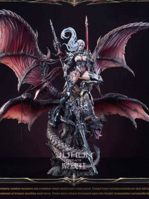 Full view of silver-haired Hildr holding a red sword and long spear atop a four-winged dragon on a rocky base.