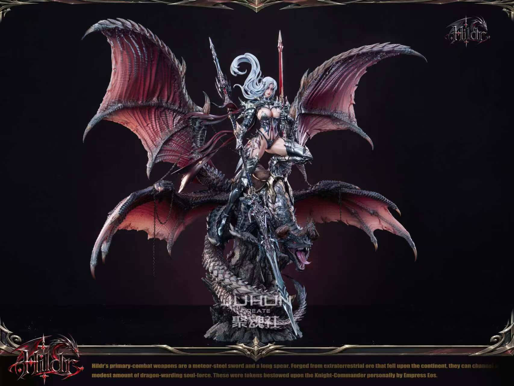 Hildr on Four-Winged Dragon - Full View Full view of silver-haired Hildr holding a red sword and long spear atop a four-winged dragon on a rocky base.