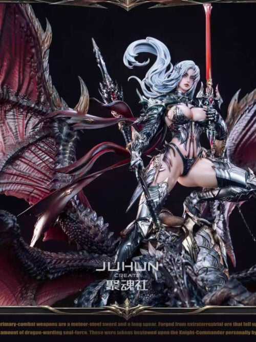 Three-quarter detail of Hildr riding the armored dragon, with silver hair, a raised red sword and flowing dark red ribbons.
