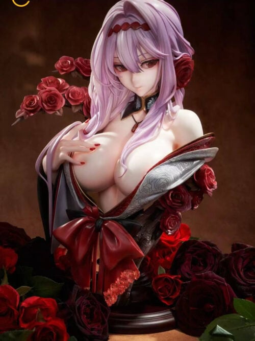 Full front view of Scarlet: Black Shadow bust with lavender hair, a red bow and a sculpted rose-covered branch above a dark pedestal.