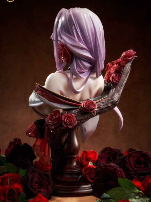 Rear view of Scarlet: Black Shadow bust showing gathered lavender hair, off-the-shoulder clothing and a rose-covered branch above a dark pedestal.