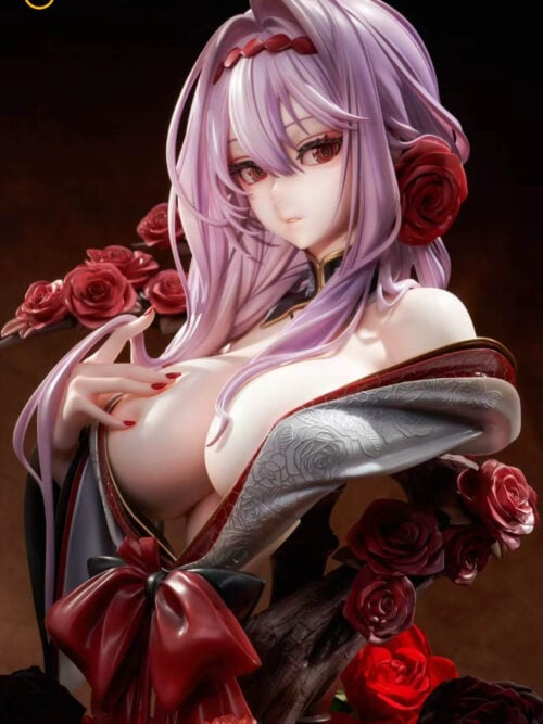Three-quarter close-up of Scarlet: Black Shadow bust showing lavender hair, red eyes, a raised hand and silver-colored rose-patterned clothing.