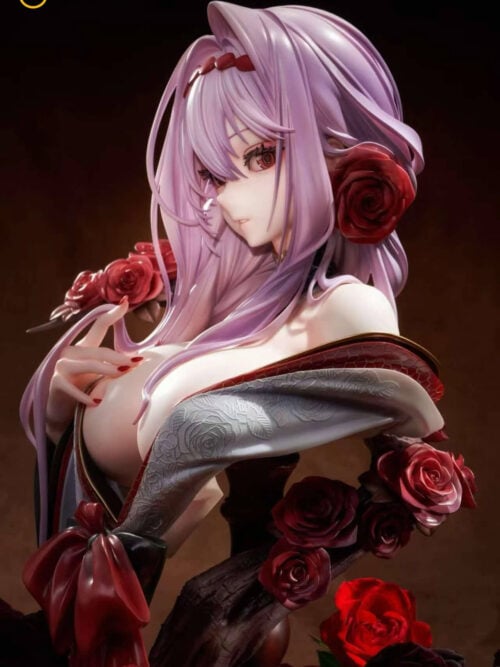 Side-angle detail of Scarlet: Black Shadow bust with a red rose hair ornament, patterned silver-colored clothing and roses on a curved branch.