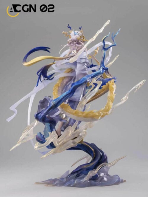 Full rear view of Shu with a looping gold-accented tail, flowing white ribbons and blue branches rising from a pale sculpted base.
